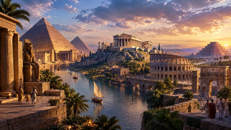 Illustration : Les grandes civilisations antiques — Égypte, Grèce, Rome, Mésopotamie