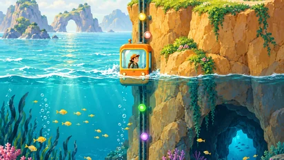Un ascenseur orange sur son rail relie les terrasses d’une falaise aux balises d’un récif sous la mer.