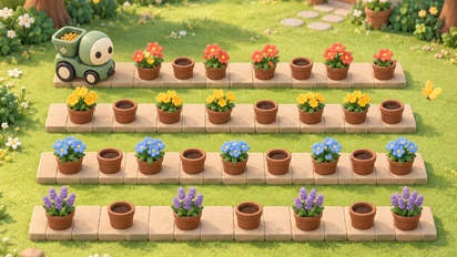 Un petit robot planteur vert parcourt quatre parterres à pots dans un jardin printanier ; fleurs corail, dorées, bleues et lavande côtoient des pots vides, une cabane et des papillons.