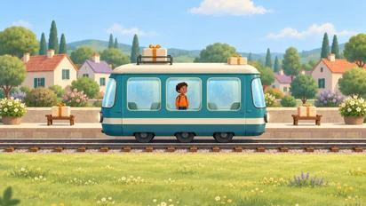 Une passagère en orange voyage dans un tram bleu-vert ; des colis sont posés sur le tram et sur deux supports du quai, devant une petite ville pastel.