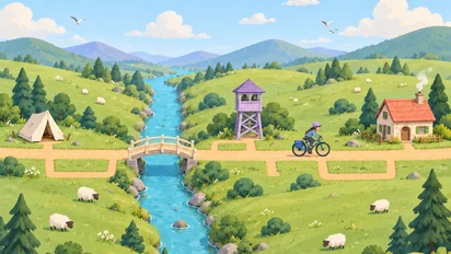 Un cycliste en bleu suit les chemins d’une vallée fictive, du camp au pont, à la tour puis au refuge corail.